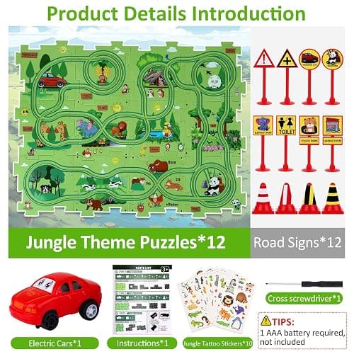 25PCS Puzzle Racer Kids Car Track Set, Jungle Themed Series, Educational Car Puzzle Toys Gifts for Kids and Boys thumbnail 3