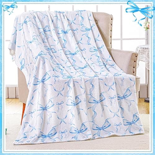 Buryeah Bow Throw Blanket Preppy Blanket Coquette Flannel Soft Cute Bow Stuff Lightweight Aesthetic Plush Preppy Room Decor for Sofa Couch Travel Bed, 50" x 60"(Blue) thumbnail 4