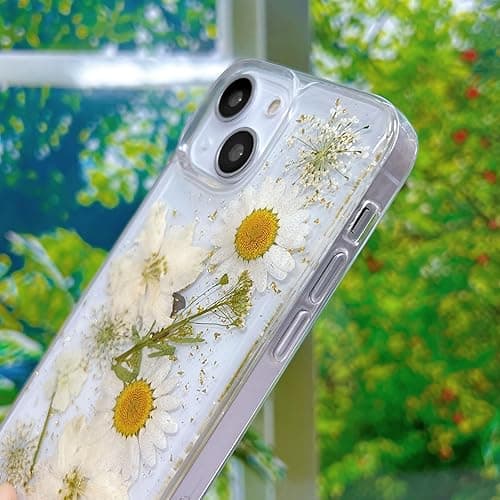 Abbery for iPhone 13 Mini/iPhone 12 Mini Clear Case with Real Pressed Flowers Design, Glitter&Sparkle Cute Dried White Floral Slim Soft TPU Protective Women Girl's Phone Cover - White Gold - for iPhone 12 Mini/iPhone 13 Mini thumbnail 5