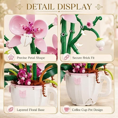 LQPFBSM Pink Orchid Flower Botanical Building Block Set 567 Pcs | Bouquet in Coffee Cup Model Kit Elegant Home Office Desk Decor Creative Plant Craft Gift for Women Adults thumbnail 5