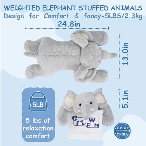 GILFWM Weighted Stuffed Animals Elephant - 25" Big Stuffed Animal Toy Pillow for Kids & Adults, 5 lbs Ultra-Soft Washable Weighted Plush thumbnail 2