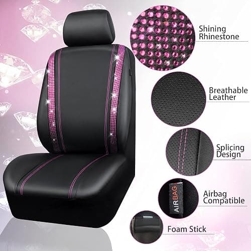 CAR PASS Bling Diamond Car Seat Covers Full Set, Shining Rhinestone Waterproof Faux Leather, Rear with Zipper, Universal Fit Automotive Glitter Crystal Sparkle Strips for Women Girl, Black Pink thumbnail 7