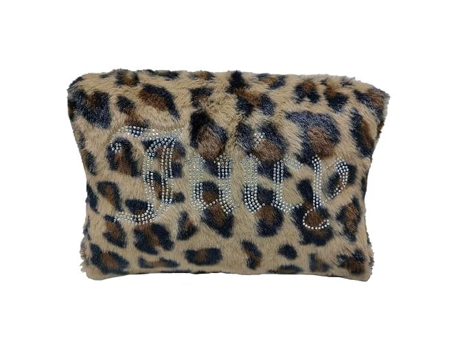 Juicy Couture Brown Makeup Bag Cosmetics Organizer Travel Essentials Zip Top Wedge Leopard Print Faux Fur Rhinestone - Image 1