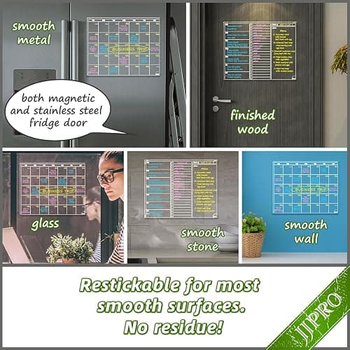 JJPRO Non-Magnetic Dry Erase Calendar for Fridge, Monthly Calendar, Weekly Planning Board Bundle for All Smooth Surfaces. Clear Reusable Calendar Stick to Fridge,Cabinet,Door&Glass thumbnail 3