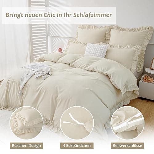 TOCOMOA Rüschen Bettwäsche 135x200 Mädchen, Aesthetic Bettwäsche-Sets Mikrofaser, Öko-Tex Zertifiziert, Weich Beige Bettbezug mit Reißverschluss, Kopfkissenbezug 80x80cm thumbnail 5