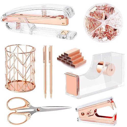 Famassi Rose Gold Desk Accessories,Office Supplies Set Acrylic Stapler Set Staple Remover, Tape Holder, 2 Ballpoint Pen, Scissor, Binder/Paper Clips and 1000pcs Staples. - Image 1