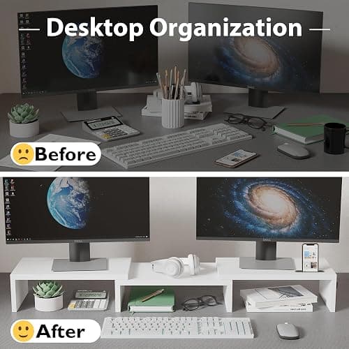 BONTEC Dual Monitor Stand Riser with Smartphone Holder, Adjustable Length & Swivel Angle, Ergonomic Wooden Desktop Organizer for PC Monitor, Laptop, Printer, Large Storage, White thumbnail 3