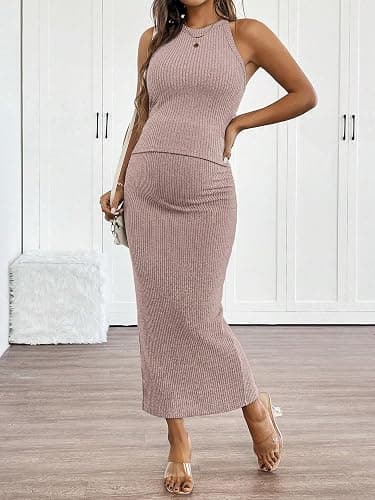 SHENHE Women's Maternity 2 Piece Outfits Tank and Bodycon Maxi Skirt Set | Pregnant Outfit,Solid Color,Round Neck,Sleeveless Cropped Top And Adjustable Waist Skirt thumbnail 3