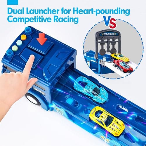 hahaland Toys for 3 Year Old Boy Gift - 2 in 1 Car Carrier Transforms into Race Tracks Toys with Dual Launcher Truck for Kids Ages 3-5 - Car Sets for Boys 3 Year Old Boy Gifts thumbnail 4