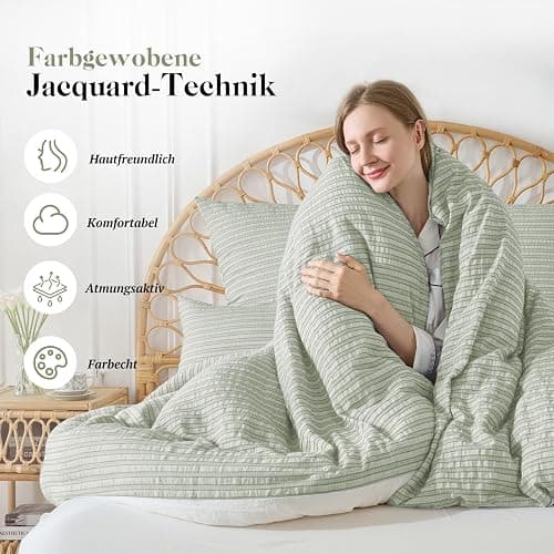 SOULFUL Bettwäsche 200x200 Baumwolle Gestreift, Jacquard Textur Bettwäsche-Set Enthält 1 Bettbezug 200x200 und 2 Kissenbezug 80x80, Bequem und Atmungsaktiv, Öko-Tex 100 Zertifiziert, Salbei Grün thumbnail 3