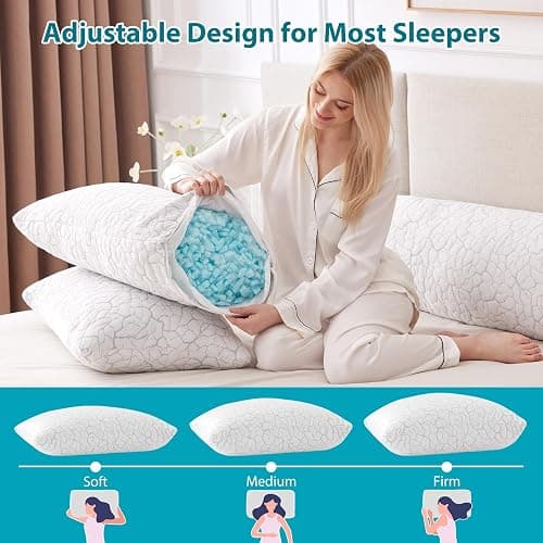 WGAKCED Cooling Pillows for Sleeping 2 Pack, Adjustable Shredded Memory Foam Pillows Queen Size Set of 2, Firm Bed Pillows for Side Back Stomach Hot Sleepers, Cold Pillow with Removable Washable Cover thumbnail 4
