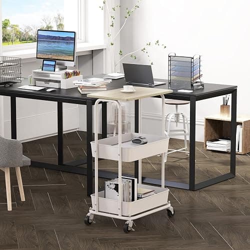 Simple Houseware 2-Tier Rolling Utility Cart with Lockable Wheels and Wood Top, Metal Storage Organizer Trolley for Kitchen, Bathroom, Office, Craft Room, Maple thumbnail 2