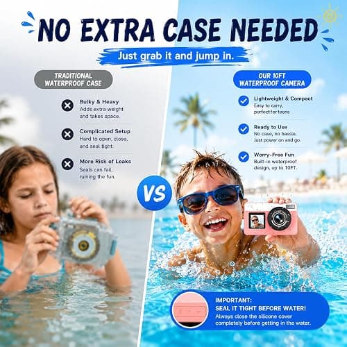 Maxmango D70 4K Underwater Digital Camera - 48MP 10FT Waterproof Camera for Snorkeling - Dual Screen Selfie Compact Floatable Camera with 16GB Card - Point and Shoot Digital Cam 1200mAh Battery -Pink thumbnail 4
