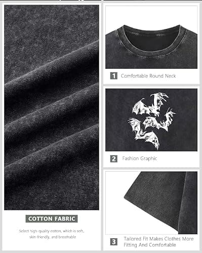 Pairxily Oversized Mens Graphic Tees Bat Print Vintage Shirt Streetwear Acid Wash Cotton Tshirt Baggy Y2k Short Sleeve Tops thumbnail 6