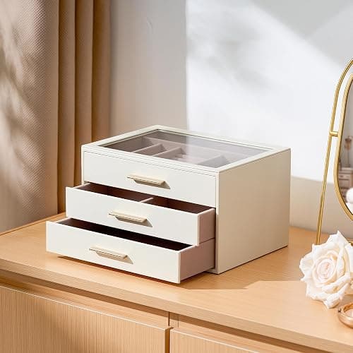 pickpiff Jewelry Box Organizer Case for Women: 3-Layer Jewelry Storage Case with Glass Window, Ivory Leather with Pink Velvet, Holder for Ring Necklace Bracelet Brooch Watch, Great Gift for Her thumbnail 6