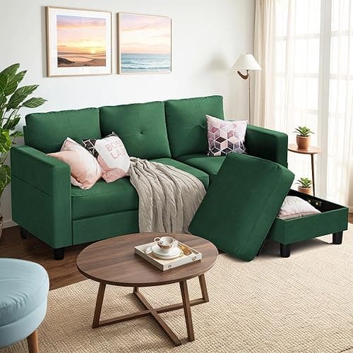 Convertible Sectional Sofa Couch,3 Seat L Shaped Couches with Storage Function Ottoman,Modern Linen Convertible Sectionals Sofas with Armrest Reversible Chaise,Small Spaces Sofa (Green) - Green