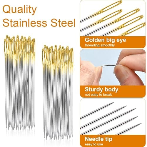 Boocalny 190pcs Cross Stitch Needles, Golden Large Eyes Sewing Needles + 12 Needle Threader, DIY Embroidery Needles in Transparent Box for Hand Sewing Cross Stitch Supplies Size 22# 24# 26# thumbnail 3