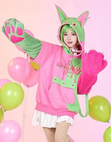 Micotaku Womens Pullover Hoodie with Detachable Bag Furry Paw Design Gloves Green Pink Hoodie thumbnail 3