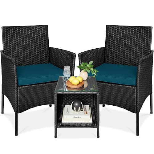 Best Choice Products 3-Piece Outdoor Wicker Conversation Bistro Set, Space Saving Patio Furniture for Garden w/Side Table - Black/Peacock - Image 1