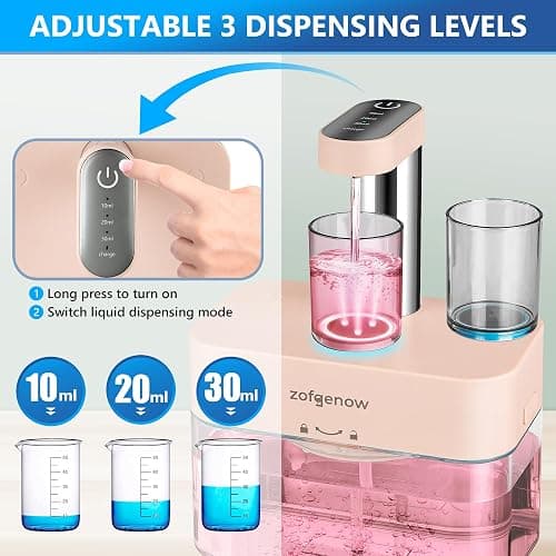 ZOFGENOW Upgraded Automatic Mouthwash Dispenser for Bathroom,Bathroom Accessories 17.6 FlOz Dispensers with Magnetic Cups,Adjustable Dispensing Levels, Pink thumbnail 5