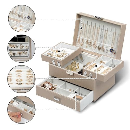 Dajasan Jewelry Box Organizer, Jewelry Boxes for Women Girls, 3 Layers Jewelry Gift Box for Christmas, Valentine's Day, Birthday, Mother's Day (Champagne) thumbnail 3