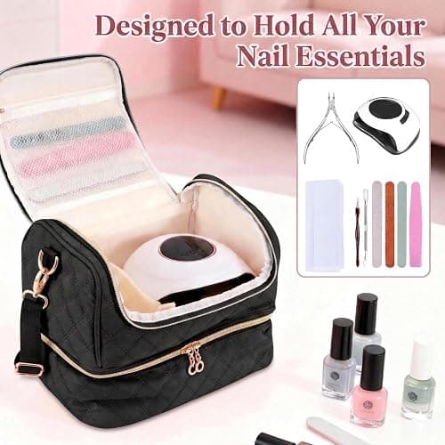 BAGCRAZY Nail Polish Organizer Case, Double Layer Nail Supplies Storage Bag holds 24 Bottles & UV/LED Lamp, Quilted Portable Manicure Travel Case with 8 Pcs Tools, for Nail Tech, Home & Salon, Black thumbnail 7