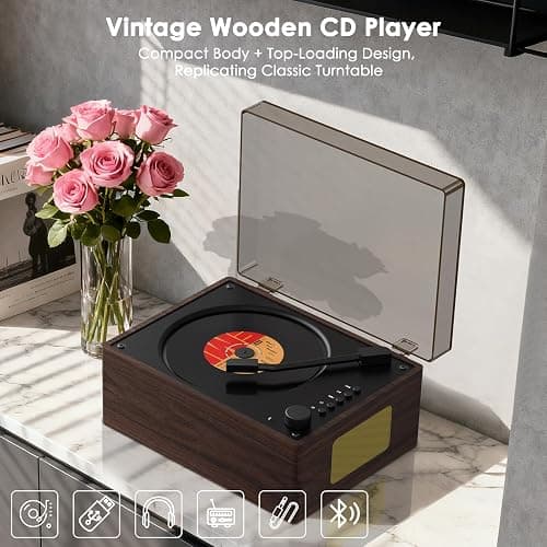 Portable CD Player with Bluetooth 5.3, Hi-Fi Speakers,3.5mm AUX, USB Playback Retro CD Player for Home(Brown) thumbnail 4
