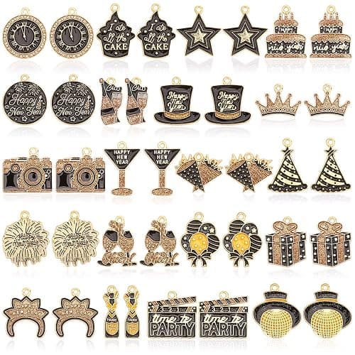 MARFOREVER 40Pcs/20 Pairs New Year Charms for Jewelry Making, New Year’s Eve Clock Hat Star Champagne Flute Glittery Enamel Pendants for Bracelet Necklace Earrings Making Accessories - Image 1