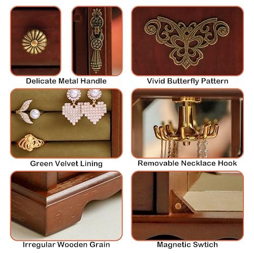 Kendal Wooden Jewelry Box for Women, Solid Jewelry Organizer With 5 Drawer, Jewelry Holder Organizer, Wood Jewelry Case with Butterfly Pattern & Mirror for Necklaces, Earring, Rings (Brown with 5 drawer) thumbnail 6