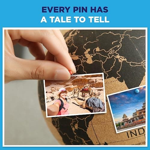 Cork Globe with Push Pins - 9.4” Globe with Map of the World and Rotating Stand for Children or Adults, 100 Metallic and 100 Colored Push Pins - World Map for Home, Office, Classroom, Travel, Kids thumbnail 4