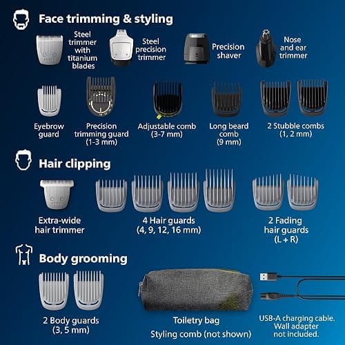 Norelco Philips All-in-One 7000 Series 23-Piece Trimmer - Electric Shaver and Clipper for Face, Beard, Head & Body, Self-Sharpening Titanium Blades, 26 Length Settings (0.5-16 mm), MG7970/49 thumbnail 3