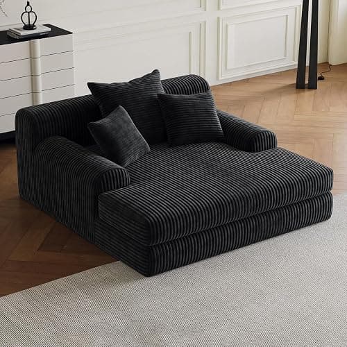 OOFAYJIA Oversized Chaise Lounge Chair Indoor, Corduroy Sofa Bed Sleeper with 3 Throw Pillows, No Assembly, Boneless Cloud Couch for Bedroom Living Room, Black - Image 1