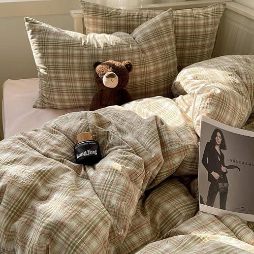 mixinni Queen Duvet Cover Set - 3 Piece Washed Cotton Vintage Geometric Plaid Bedding Set with Zipper Closure, Soft & Breathable Green Pink White Buffalo Check Pattern for All Seasons thumbnail 6