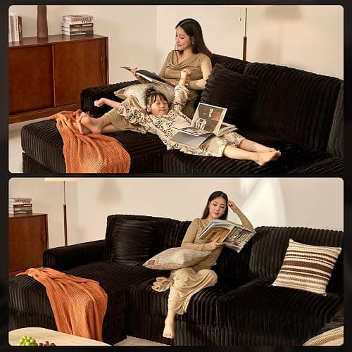 Cloud Couch 139" U-Shaped Couch, Oversized 7-Seater Modular Couch, Queen Sofa with Corduroy Upholstery, Deep Seats, High Backrest & Pocket Spring Cushions for Living Room, Left Facing Chaise, Black thumbnail 8