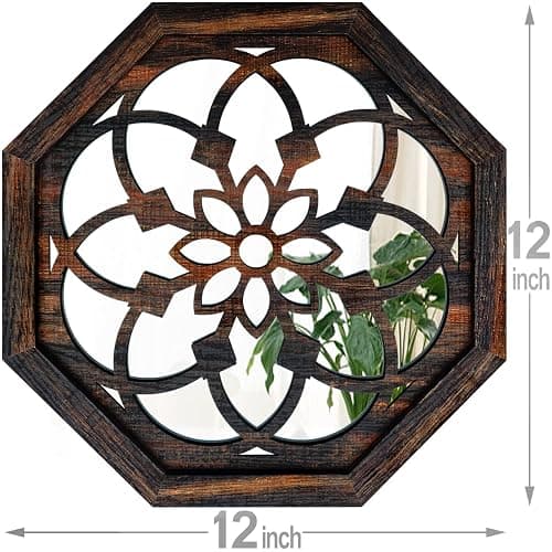 ZOLAPI 2-Piece Octagon Wall-Mounted Mirrors,Vintage Farmhouse Mirror for Wall Decor,Caramel Color Decorative Accent Mirror for Foyer, Bathroom, Bedroom. (12”x12”) thumbnail 3