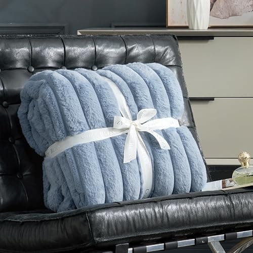 Cozy Bliss Faux Fur Throw Blanket for Couch, Cozy Warm Plush Striped Blanket for Sofa Bedroom Living Room, 50 * 60 Inches Light Blue thumbnail 3
