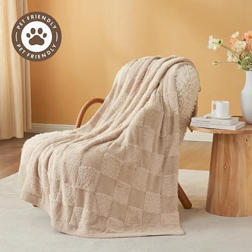 Snuggle Sac Checkered Throw Blanket Faux Fur Microfiber Blankets for Couch,Cozy Soft Warm Blanket for Sofa Bedroom Living Room,Solid Beige,50x60 inches thumbnail 6