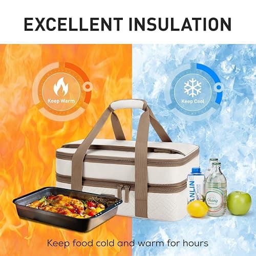 TOURIT Double Decker Insulated Casserole Carrier for Hot or Cold Food Expandable Thermal Food Carrier for Picnic Cookouts Potluck Parties Fits 9" x 13" Baking Dish thumbnail 3