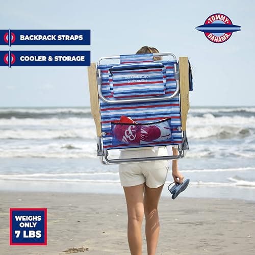 Tommy Bahama 5-Position Classic Lay Flat Folding Backpack Beach Chair, Aluminum, Red, White, and Blue Stripe thumbnail 3