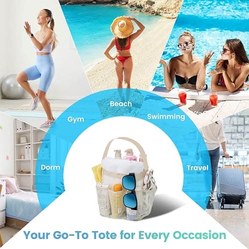 Mesh Shower Caddy for College Dorm Room Essentials for Girls with 9 Pockets,Large-Capacity Shower Basket,Quick Dry Toiletry Tote Bag for Women,Outdoor Gym,Travel,Swim,Beach Camping Essentials-Beige thumbnail 6