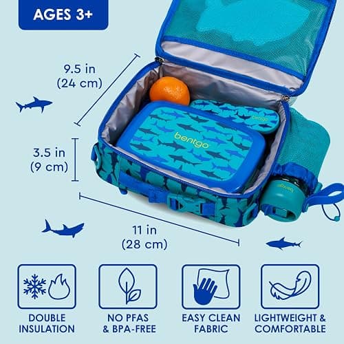 Bentgo Kids Lunch Bag - Durable, Double-Insulated Lunch Bag for Kids 3+; Holds Lunch Box, Water Bottle, & Snacks; Easy-Clean Water-Resistant Fabric & Multiple Zippered Pockets (Shark) thumbnail 2
