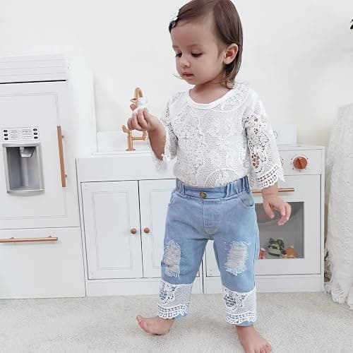 Yvowming Baby Girl Clothes Outfits Toddler Infant Baby Romper Top+Jeans Clothing Set thumbnail 2