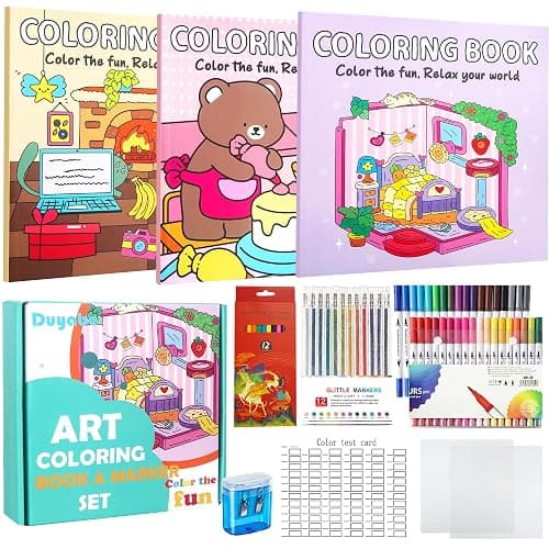 Cute Coloring Book Set for Teens Adults Relaxation, Easy and Simple Designs Coloring Book for Teens Girls, Stress Relief Gifts for Women with 36 Colors Markers & 12 Glitter Pens & 12 Colored Pencils - Image 1