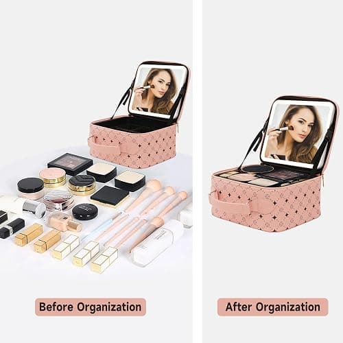 Travel Makeup Bag With 360° rotating LED Mirror,Waterproof cosmetic organizer,Portability Cosmetic case,Makeup organizer,Gift for Women,Girls Gift (Pink) thumbnail 6