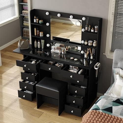 11 Dawers Vanity Desk, Makeup Vanity with Power Outlet, Glass Top Vanity with Mirror and Lights, 3 Colors Adjustable, Vanity Set with 4 Shelves and Fold-up Panel, Vanity with Chair for Bedroom, Black thumbnail 6