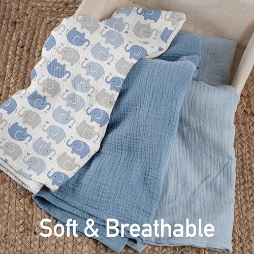 GLLQUEN BABY Muslin Swaddle Blankets,3-Pack Receiving Blanket for Newborn Boys and Girls,Baby Swaddle Blanket Unisex, Elephant,Baby Essentials, Registry & Gift, 40 x 38 inches thumbnail 5