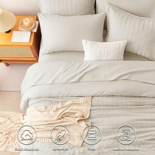 CozyLux Queen Comforter Set Oatmeal Seersucker 7 Pieces Bed in a Bag Queen Comforter Set with Sheets Luxury Soft Bedding Set with Down Alternative Comforter, Sheets, Pillowcases & Shams for All Season thumbnail 2