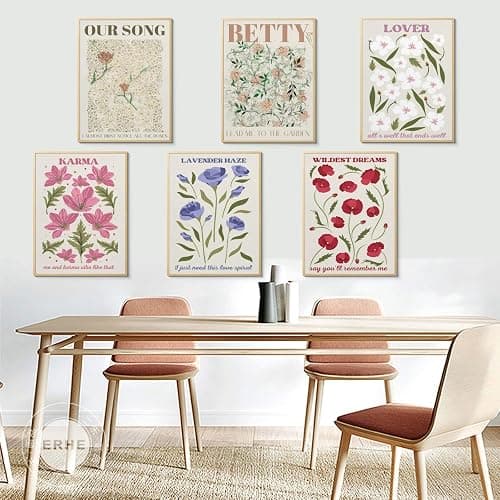 CEKEIOLMLW Stunning Cute Flower Music Song Lyrics Inspired Poster Set for Teen Girl Print Wall Art Pop Country Folk Singer Midnights Floral Dorm Preppy Room Decor Unframed 6pcs 8x10in thumbnail 2