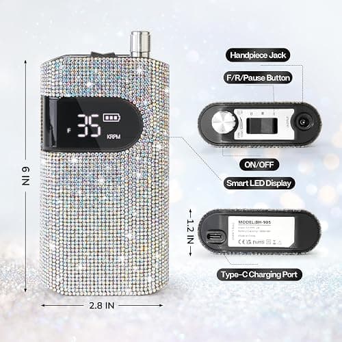 Professional Rechargeable Nail Drill Machine, Lavinda Diamond 35000RPM Electric Nail File Cordless Portable Nail Drill with Coreless Motor for Acrylic Nails, Manicure Pedicure Tool, Crystal Diamond thumbnail 3