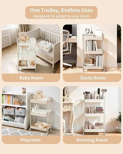 Fortella Nappy Caddy Organizer, 3-Tier Storage Trolley on Wheels, Bedroom Storage Baby Essentials for Newborn Nursery Changing Table, Easy Assembly, Portable Nappy Bag, Bathroom Kitchen Trolley(Brown) thumbnail 8